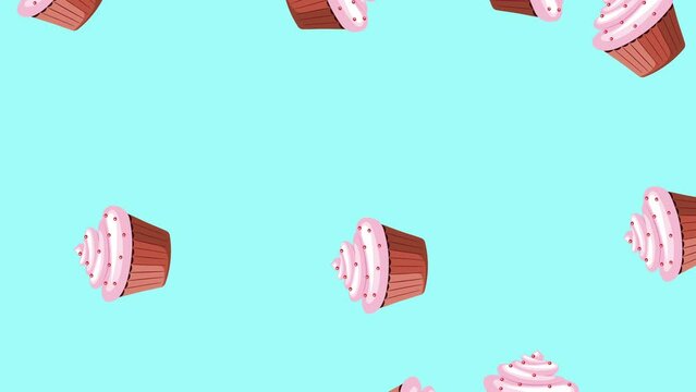 Minimal motion design - Tasty cupcakes rotating and moving down at blue color background. Trendy colors and style graphics. Seamless looping animation.