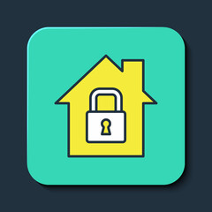 Filled outline House under protection icon isolated on blue background. Home and lock. Protection, safety, security, protect, defense concept. Turquoise square button. Vector