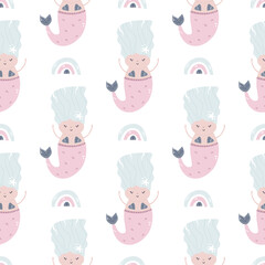 Seamless pattern in soft colors with cute mermaids