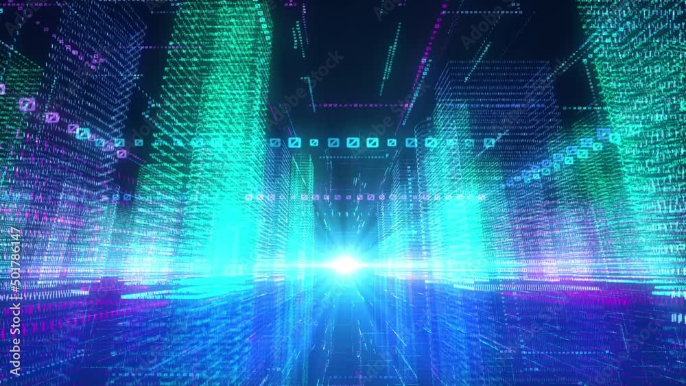 Wall mural abstract digital city animation - camera moving between building hologram with binary code particles