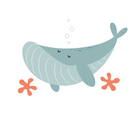 Cute smiling hand drawn whale in flat cartoon style. Isolated vector illustration