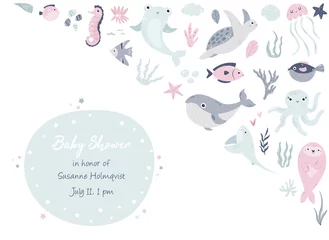 Papier Peint photo Vie marine Baby Shower Invitation card with cute marine animals.