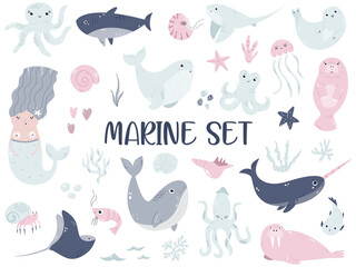 Cute set of sea, marine animals and mermaid in soft colors