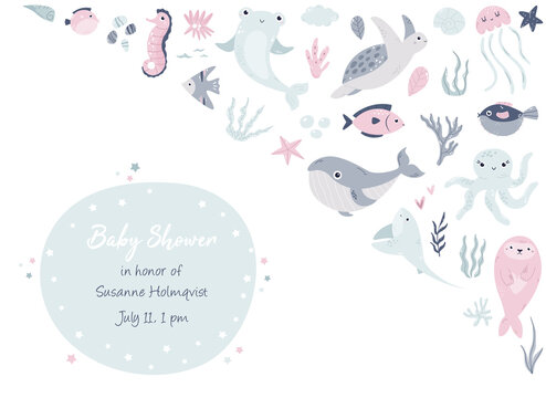 Baby Shower Invitation card with cute marine animals. © danceyourlife