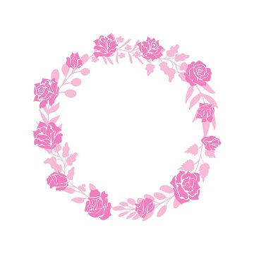 Pink wreath made of rose flowers and buds, leaves and twigs. Floral decor, vignette, modern silhouette style