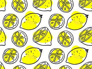Lemon Seamless pattern on white background. Hand drawn line lemon illustration. Repeated Vector illustration. Food template for cafe, restaurant menu, textile, wallpaper, scrapbooking, wrapping paper.