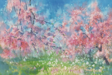 Fototapeta na wymiar Flowering sunny garden in spring watercolor background