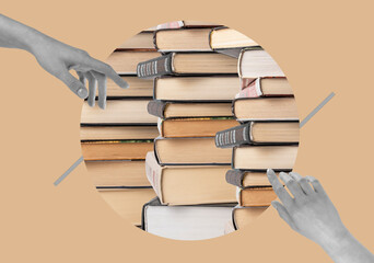 Woman hands directing to books stack. Contemporary art collage on pastel background. Education,...