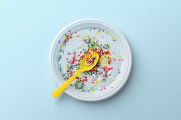 Microplastic in white plastic dish with spoon. Pastel blue background. Microplastic problem concept. Overhead view