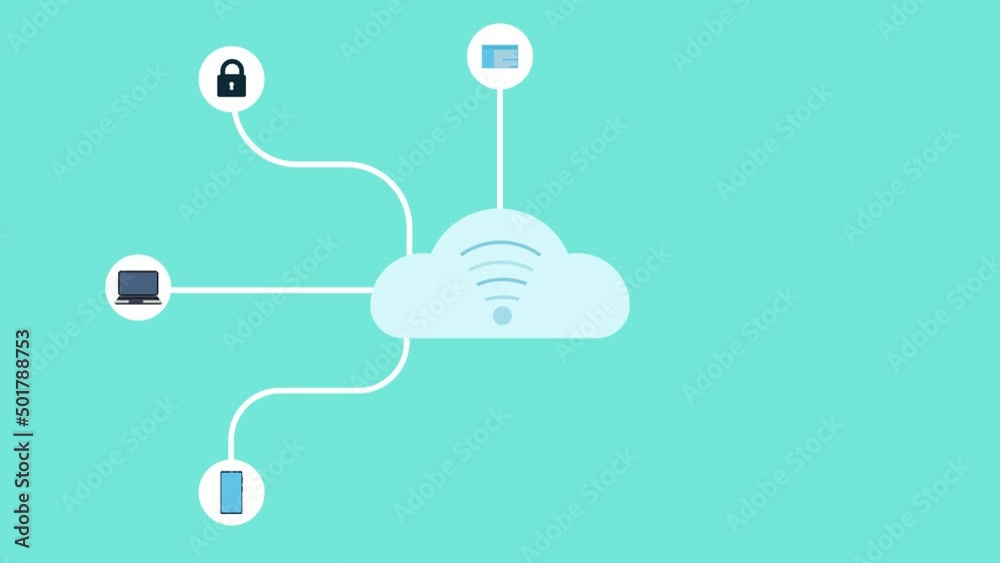 Poster connecting devices and social media with wifi service 4k animation. using the internet through a wif