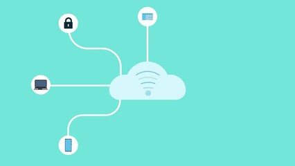 Connecting devices and social media with WiFi service 4K animation. Using the internet through a WiFi network and social media connection footage. Network icon connecting house and devices animation.