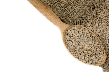 Sunflower seeds without shell in a wooden spoon and burlap on a white background