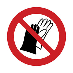 Do not wear gloves. Vector illustration of red crossed out circular prohibition sign with two gloves icon inside. Bare hands symbol isolated on white background. Safety concept.