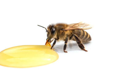 Bee drinks honey on a white background close-up.