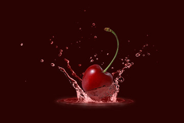 Fresh cherry berry  flying falling in splashing water or juice isolated on dark red
