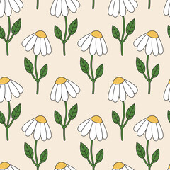 Seamless vector pattern with groovy camomile flower. 70s, 80s vibes funky background. Retro daisy vector texture. Vintage nostalgia elements for design and print