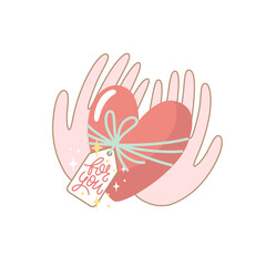 Vector illustration for Valentine day. A heart in hands on white background. Creative greeting card with hand-drawn decorative elements. Elegant feminine design.