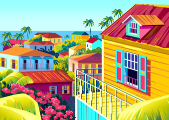 Tropical Island landscape with traditional houses, palm trees,   and the sea in the background. Handmade drawing vector illustration.