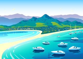 Mediterranean romantic landscape with sea, yachts and mountains in the background. Handmade drawing vector illustration. 