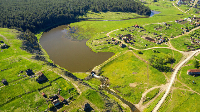 Southern Urals, Bashkortostan, Kananikolskoe village. Aerial view.