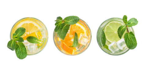 Different types of mojitos in glass glasses on a white background. View from above - obrazy, fototapety, plakaty