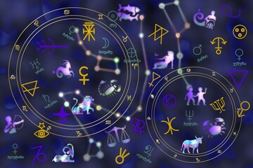 Abstract illustration featuring colorful astrology symbols 