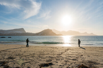 Sunset on the Haukland beach Vestvagoya island Leknes Lofoten islands  Nordland Norway
