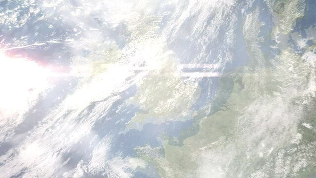 Earth zoom in from outer space to city. Zooming on Wolverhampton, UK. The animation continues by zoom out through clouds and atmosphere into space. Images from NASA