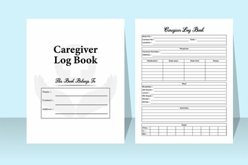 Caregiver log book KDP interior. Caretaker information tracker and patient activities checker template. KDP interior journal. Physician routine and patient daily meal planner KDP interior.
