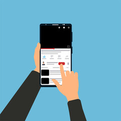 Subscribing online channel on a mobile vector. Hand holding a smartphone and clicking on subscribe button for a video channel. A smartphone showing online videos and subscription concept vector.