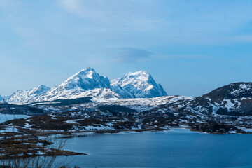 Fototapeta na wymiar Gimsoy island, Vagan Nordland Lofoten arcipelago in Norway, Europe. Frosty winter scene of Lofoten Islands. Life over polar circle.
