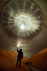Inside of metal elevator (grain silo) in agriculture zone. Grain Warehouse or depository is an...