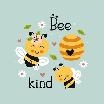 poster with cute kind bees and beehive