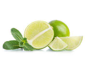 Lime slices with mint on a white isolated background