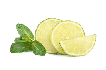 Lime slices with mint on a white isolated background