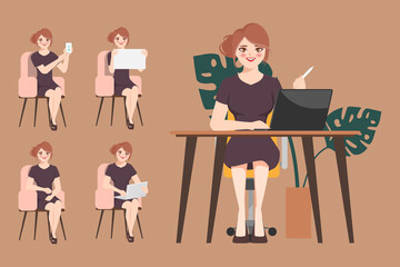 Businesswoman working in the office character set. Character people cartoon flat design.