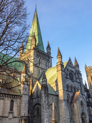 Fototapeta premium The magnificent Nidaros Cathedral (Nidarosdomen), Trondheim, Trøndelag, Norway. Built over the burial site of King Olav (St. Olav, the patron saint of the nation), where Norwegian kings are crowned.