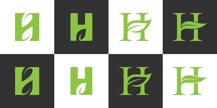Set of initial letter H logo with leaves vector design.