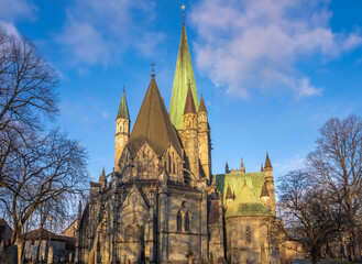 Fototapeta premium The magnificent Nidaros Cathedral (Nidarosdomen), Trondheim, Trøndelag, Norway. Built over the burial site of King Olav (St. Olav, the patron saint of the nation), where Norwegian kings are crowned.