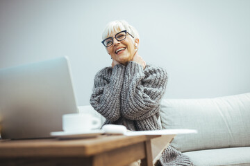 Mature business woman teleconferencing from home. A happy business woman is sitting and talking to...