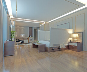 3d render. Modern hotel bedroom interior.