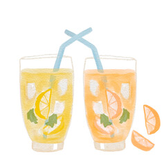 Watercolor lemonade set. Orange citrus and lemon lemonade with ice and mint. Summer holidays beach vacation cocktails set. Natural fresh cocktail summer isolated illustration on white background