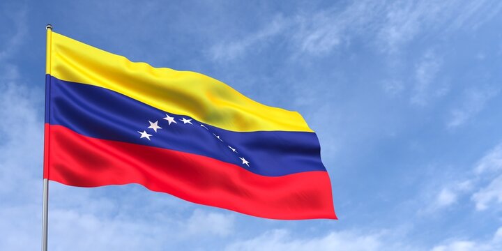 Venezuela flag on flagpole on blue sky background. The Venezuelan flag fluttering in the wind against a sky with clouds. Place for text. 3d illustration.