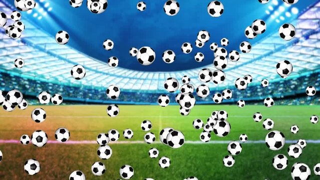 4K 3D animation soccer ball. Ball rotated loop on Falling green screen Background. Spring sports concept with curved lines. Concept of american football, sport and leisure. world sports event