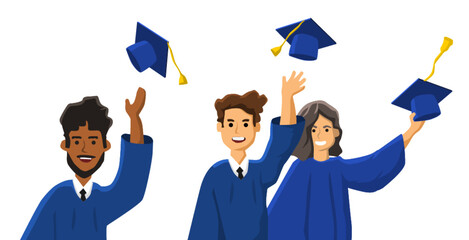 Student throwing up academic cap. Diverse group of people. Graduation day student.Vector illustration.