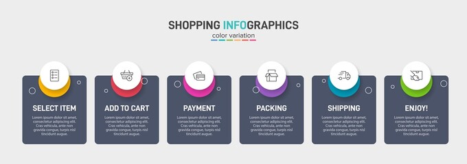 Concept of shopping process with 6 successive steps. Six colorful graphic elements. Timeline design for brochure, presentation, web site. Infographic design layout.
