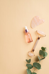 Fototapeta na wymiar Beauty procedure concept. Top view vertical photo of rose quartz roller gua sha massager pink glass dropper bottle and eucalyptus sprig on isolated pastel beige background