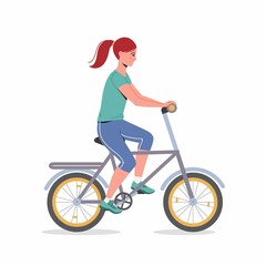 Fototapeta na wymiar Woman Riding Bicycle. Girl on bike. Pedaling female bicyclist isolated on white background. Activity Vector trendy illustration