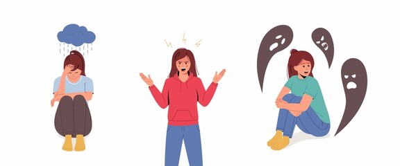 Set of young woman of mental illnesses: agression, fear, depression. Anger, agression, stress, fear, panic attacs, depression, nervous breakdown concept. Vector illustration