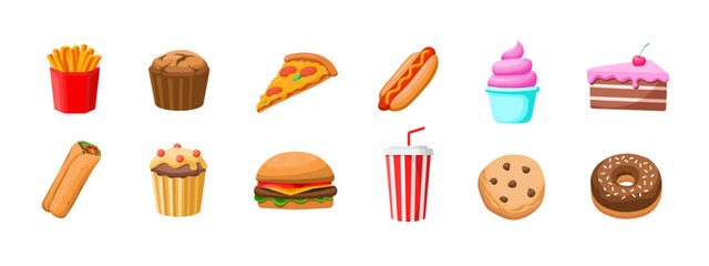 Fast food set in flat style. Pizza, burger, burrito, hot dog, soda, donut, cookie, french fries. Unhealthy food vector icons collection.